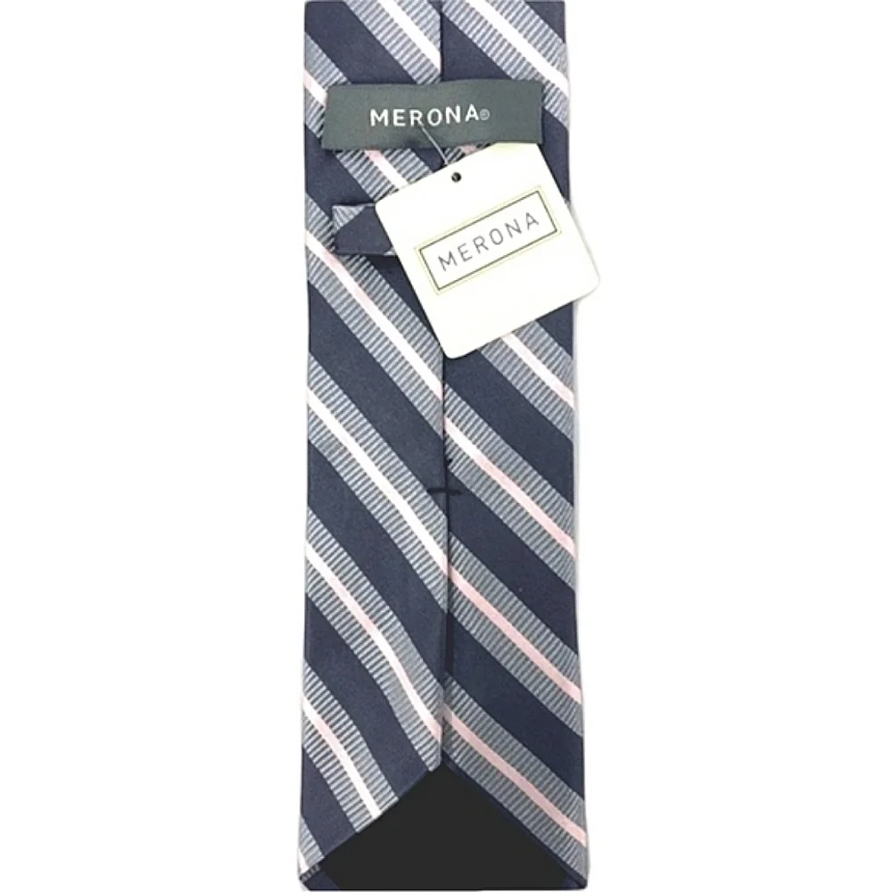 New With Tags Merona 100% Silk Gray and Pink Striped Traditional Long Neck Tie